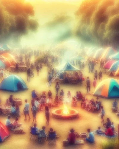 Dreamy jamboree scene with tents, campfires, and diverse people enjoying festive outdoor activities.