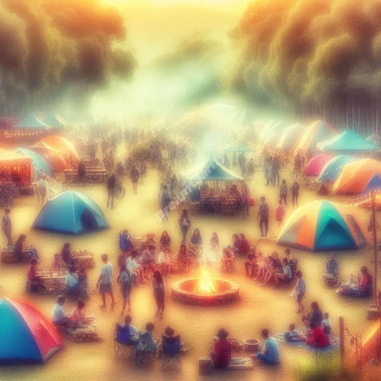 Dreamy jamboree scene with tents, campfires, and diverse people enjoying festive outdoor activities.