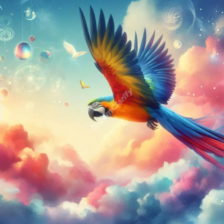 Colorful macaw soaring through dreamy sky, symbolizing freedom and self-expression in dreams.