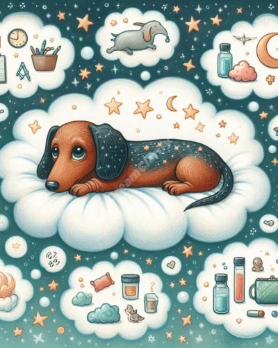 Dreamy dachshund floating in starry sky with symbolic thought bubbles, representing dream interpretation.