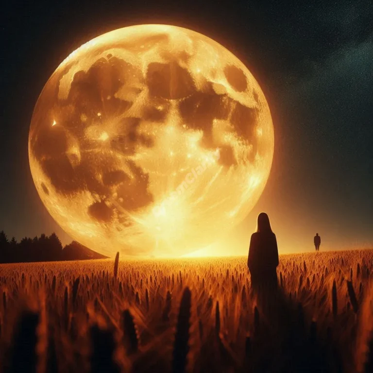 Majestic harvest moon illuminating wheat field, symbolizing abundance in dreams.