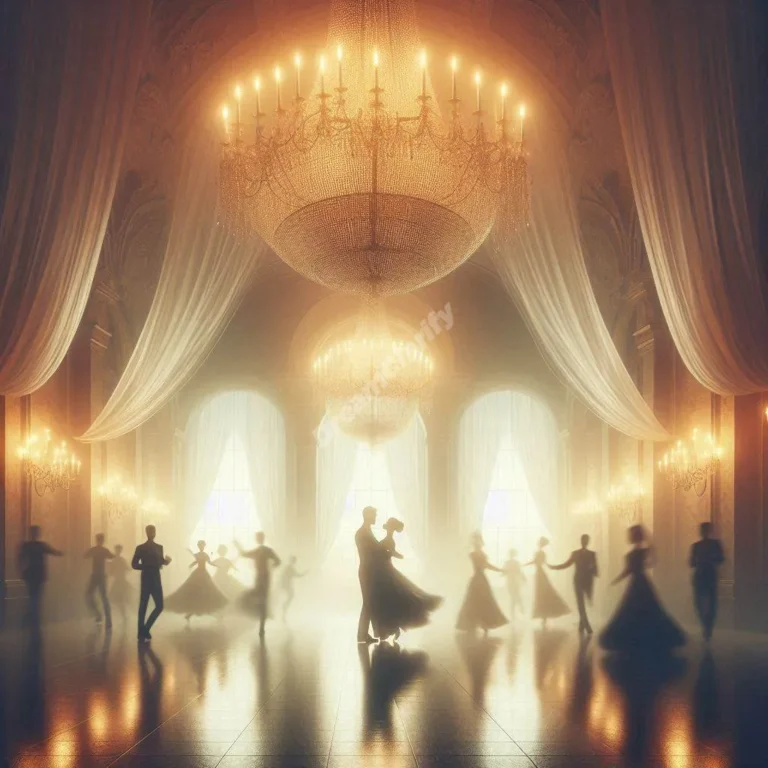 Silhouettes of people dancing under large chandeliers in a ballroom