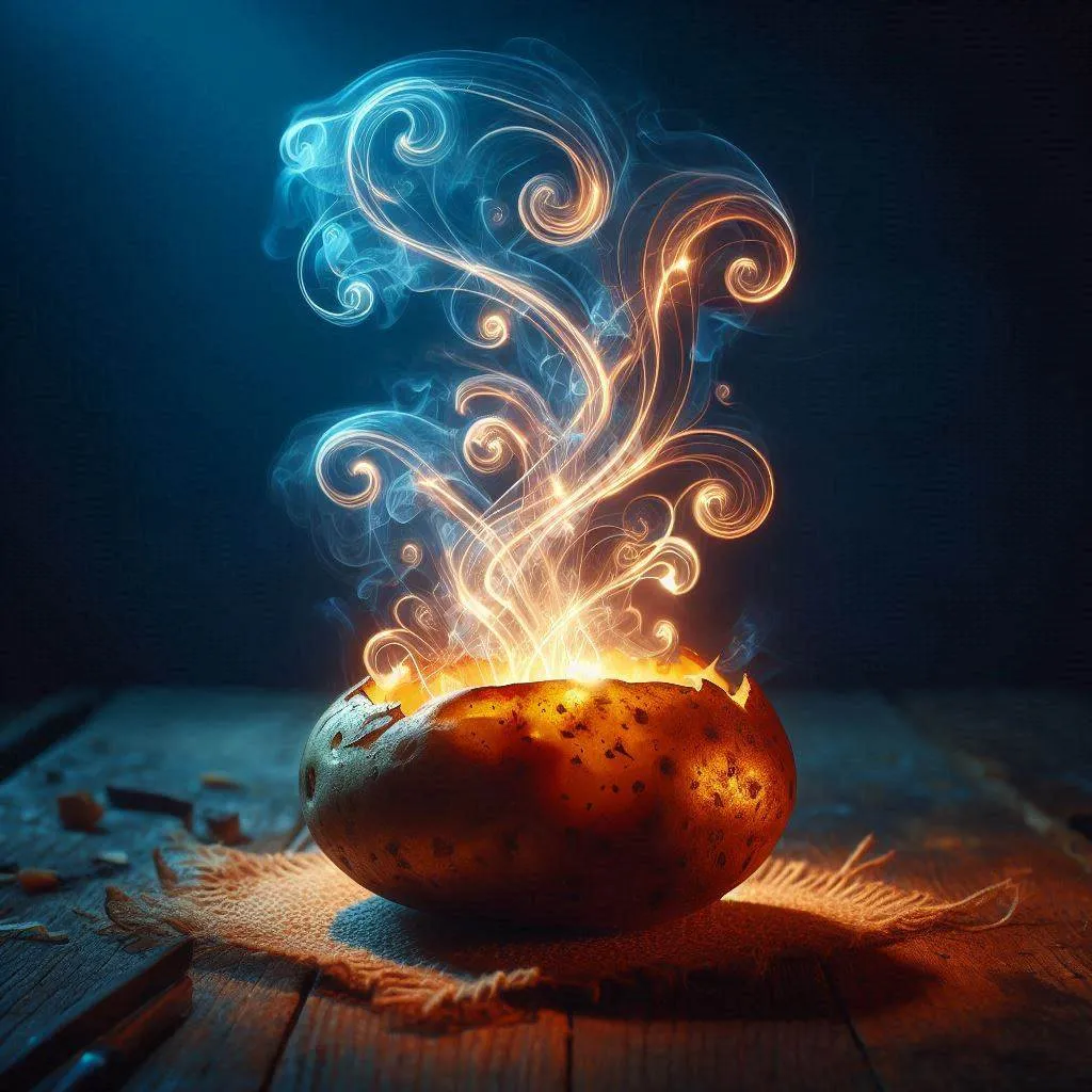 Mystical jacket potato with ethereal steam swirls symbolizing dream interpretation and spiritual meaning