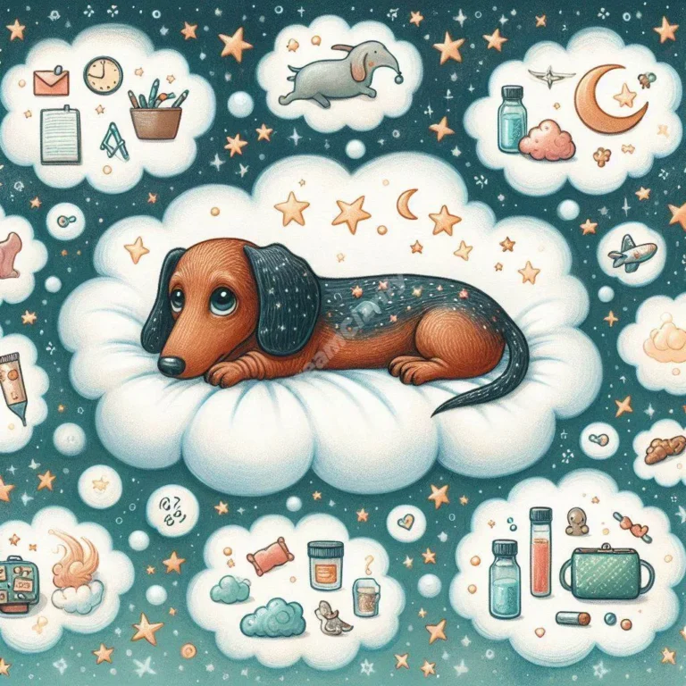 Dreamy dachshund floating in starry sky with symbolic thought bubbles, representing dream interpretation.