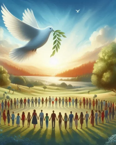 Peaceful dream scene: dove with olive branch flies over diverse group holding hands, symbolizing pacifism and unity.