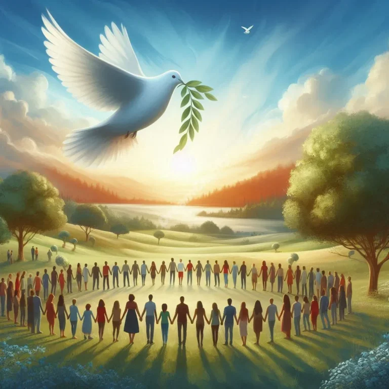 Peaceful dream scene: dove with olive branch flies over diverse group holding hands, symbolizing pacifism and unity.