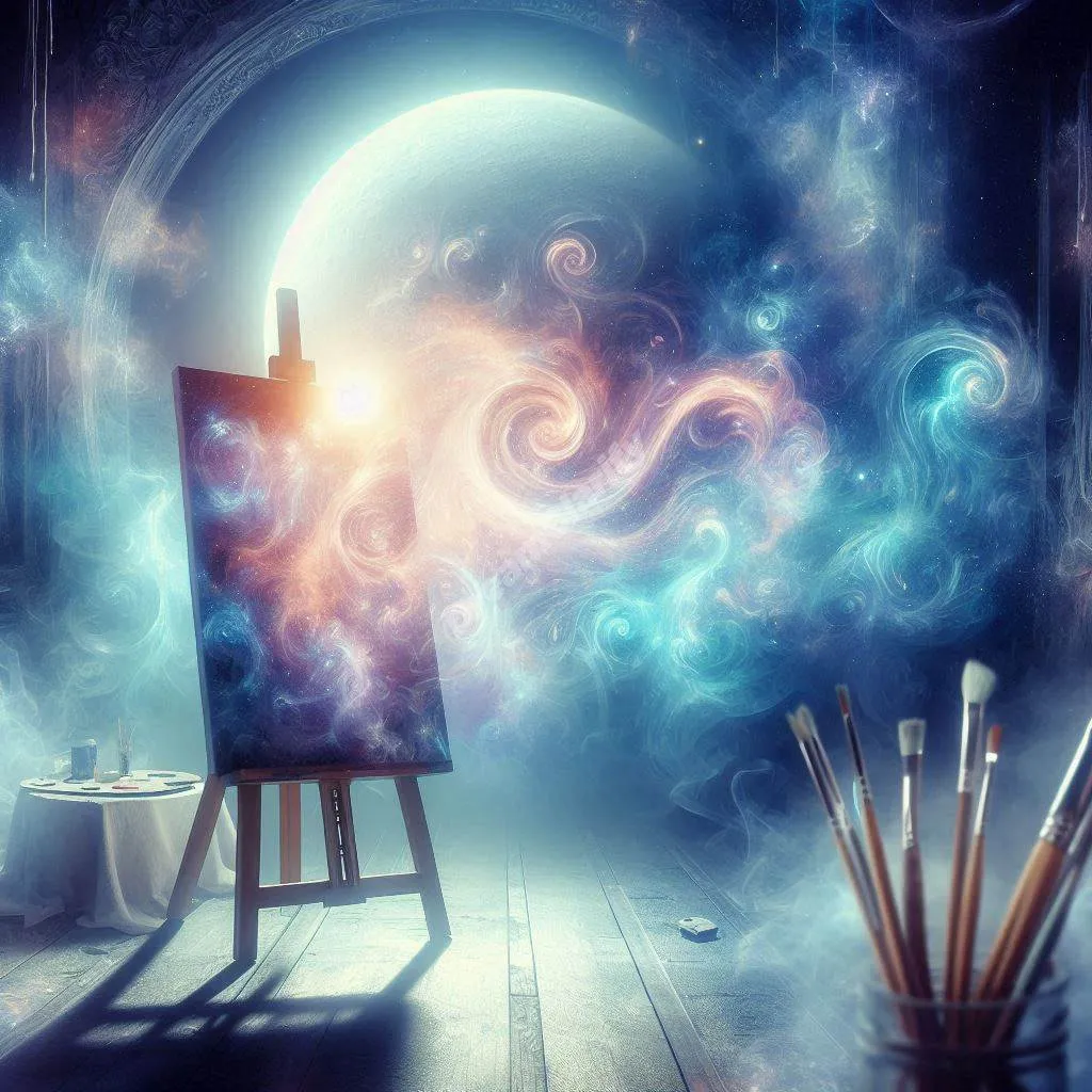 Mystical art studio with glowing easel and floating paintbrushes, representing dream symbolism and creativity