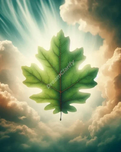 Vibrant green oak leaf floating in dreamy sky, symbolizing oak leaf dreams and their meanings.