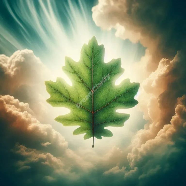 Vibrant green oak leaf floating in dreamy sky, symbolizing oak leaf dreams and their meanings.