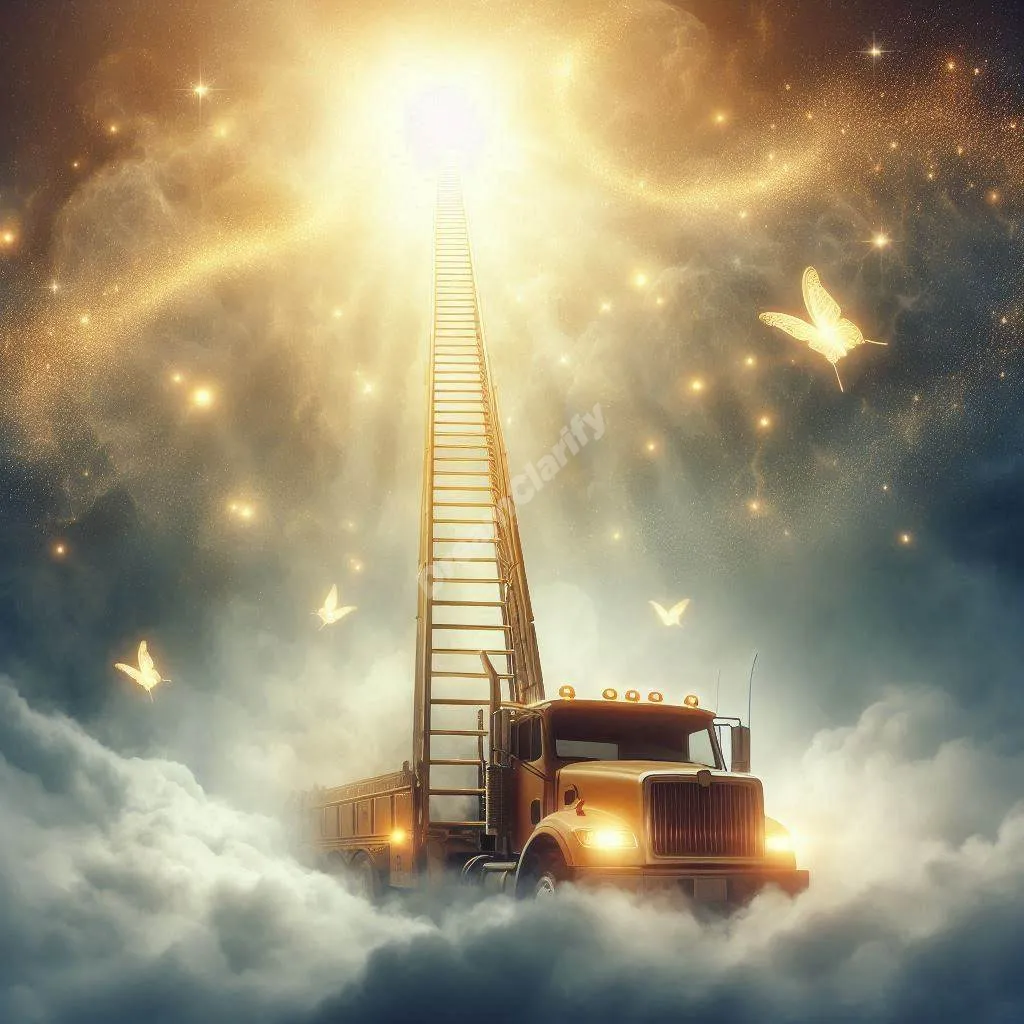 Mystical ladder truck ascending through clouds, symbolizing spiritual growth and dream transformation