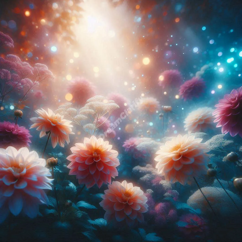 Mystical garden with glowing dahlias symbolizing dream interpretation and spiritual growth