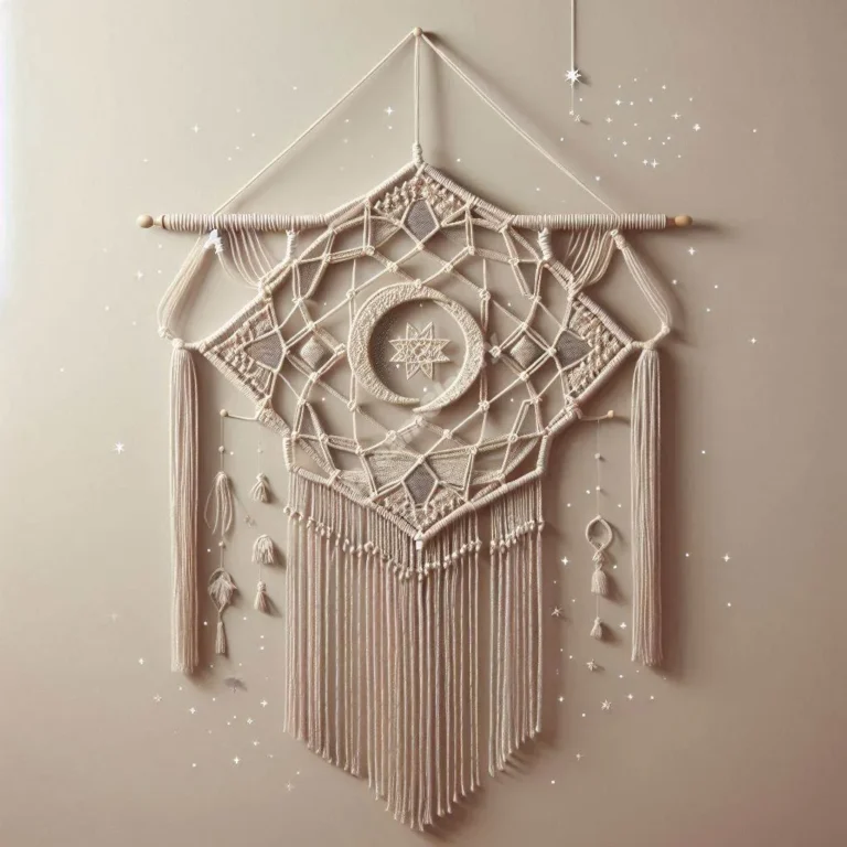 Ethereal macramé wall hanging with moonlit geometric patterns casting mystical shadows, representing dream symbolism.