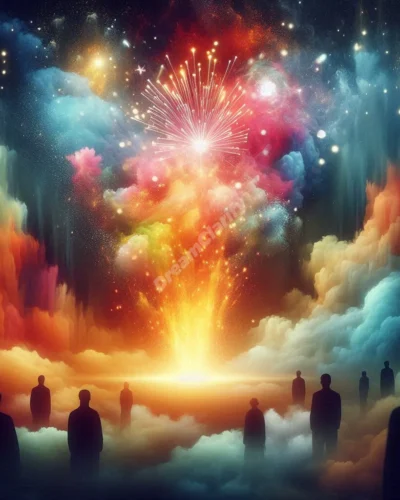 Surreal dreamscape featuring a colorful kaboom explosion, observed by silhouetted figures in a dreamy atmosphere.
