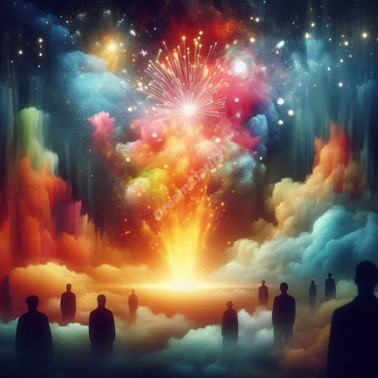 Surreal dreamscape featuring a colorful kaboom explosion, observed by silhouetted figures in a dreamy atmosphere.