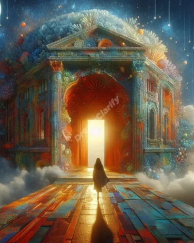 Dreamer facing crumbling facade, symbolizing journey to authenticity in facade dreams.