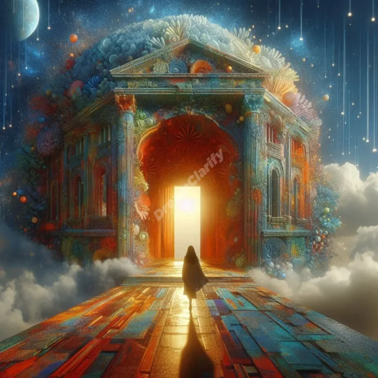 Dreamer facing crumbling facade, symbolizing journey to authenticity in facade dreams.