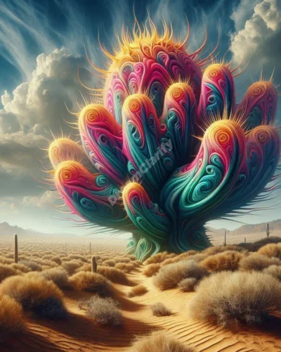 Surreal cactus dream symbolism spines morph into protective symbols, showcasing resilience and personal growth.