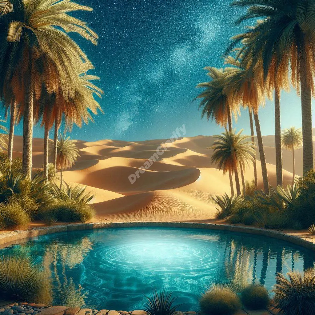Tranquil oasis with spring water and palm trees amid desert dunes under starry sky, symbolizing hope and renewal.