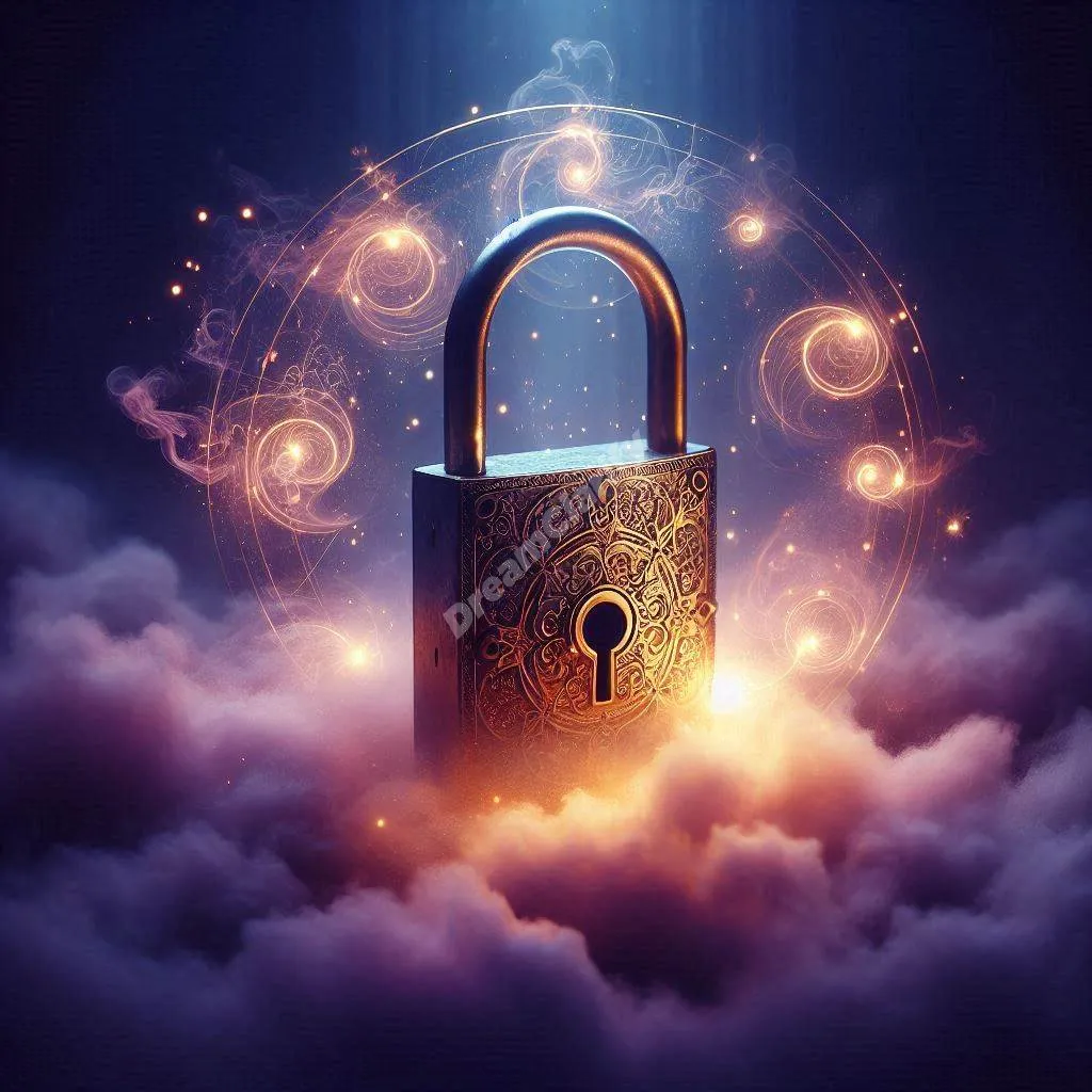 Glowing golden padlock floats in mystical purple dreamscape, symbolizing spiritual protection and hidden meanings in dreams.