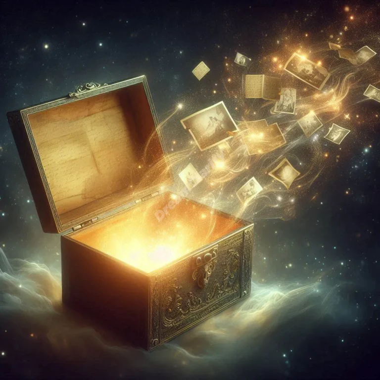 Mystical vintage keepsake box floating in starlit dreamscape, emanating golden light with floating memories.