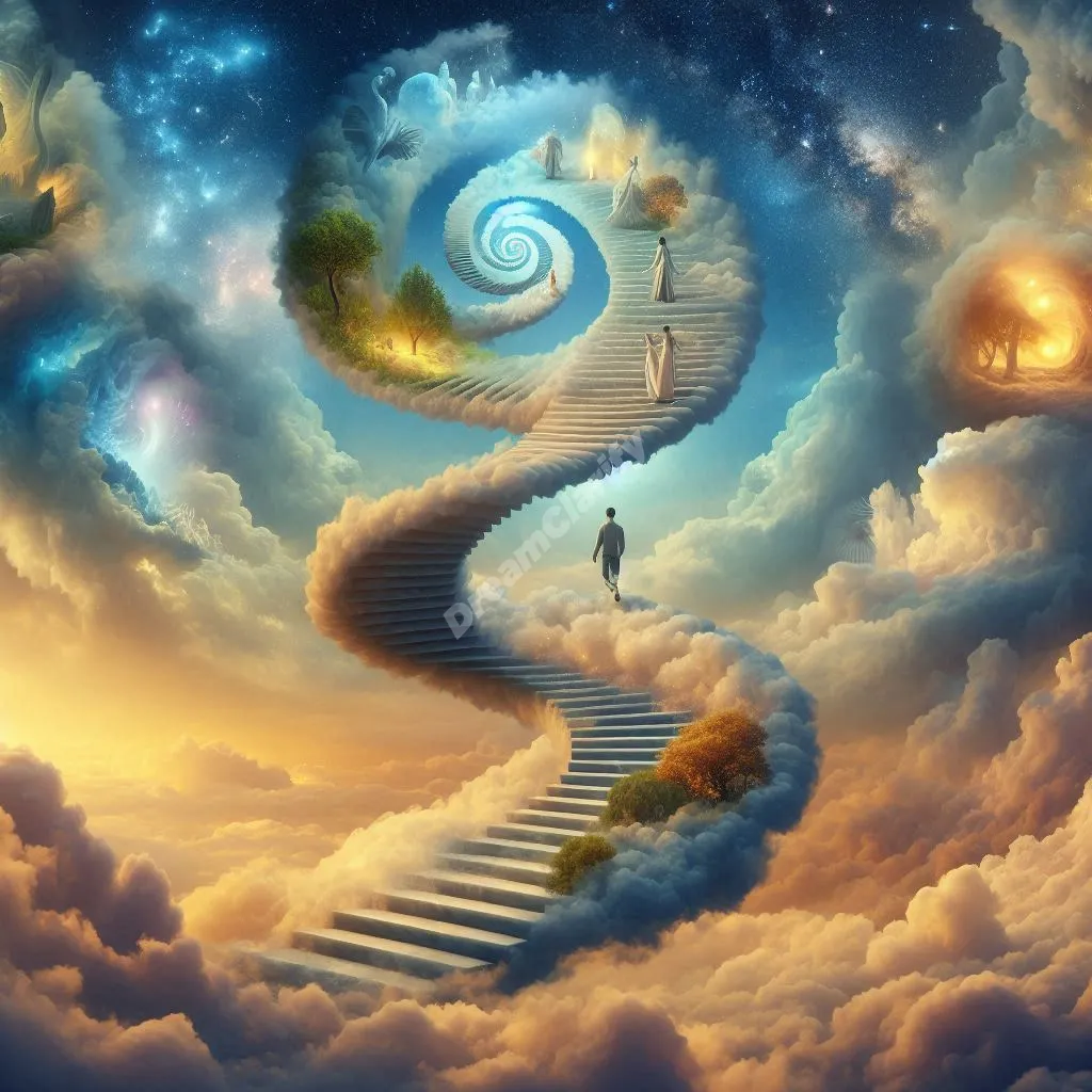 Spiral staircase of dream narratives showing connected storylines rising through ethereal clouds