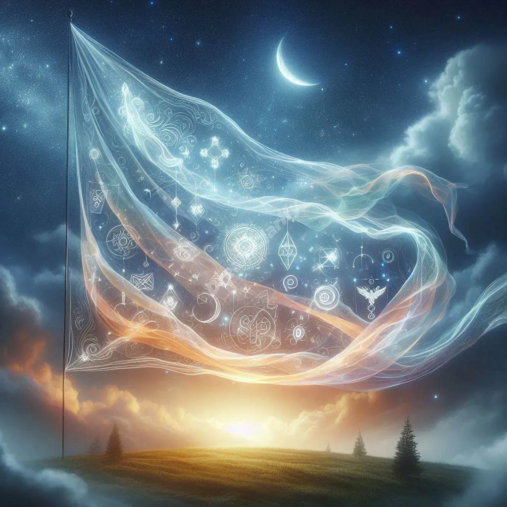 Ethereal banner dream symbolism floating in mystical night sky with glowing symbols