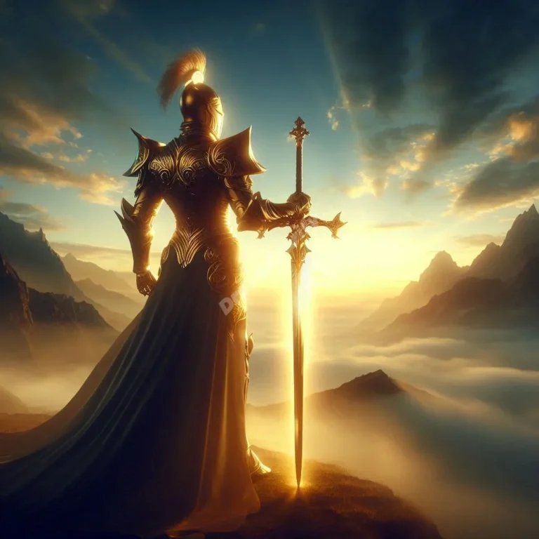 Divine paladin in golden armor stands vigilant at dawn, symbolizing spiritual protection and guidance