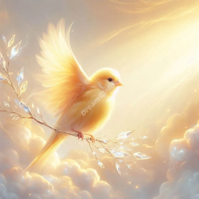 Mystical yellow canary on crystal branch with dreamy clouds, symbolizing spiritual dream guidance.