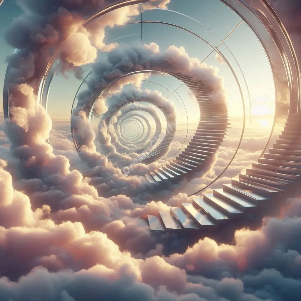 Ethereal dream illusion showing floating spiral staircase with mirror reflections amid misty clouds