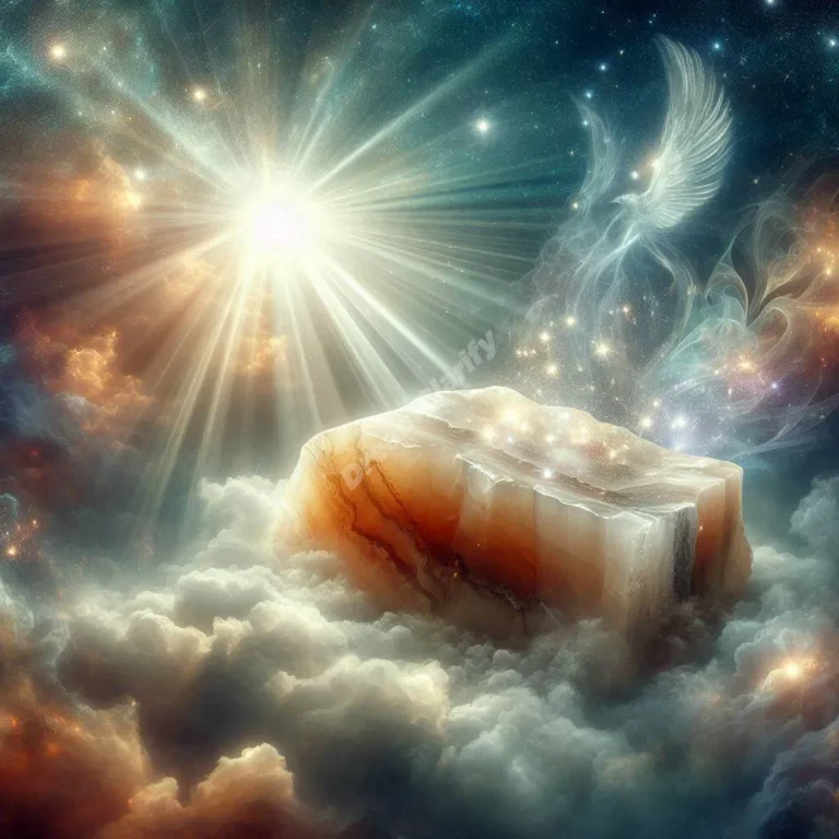 Mystical jasper stone radiating divine light in dreamy starlit atmosphere, symbolizing spiritual guidance.