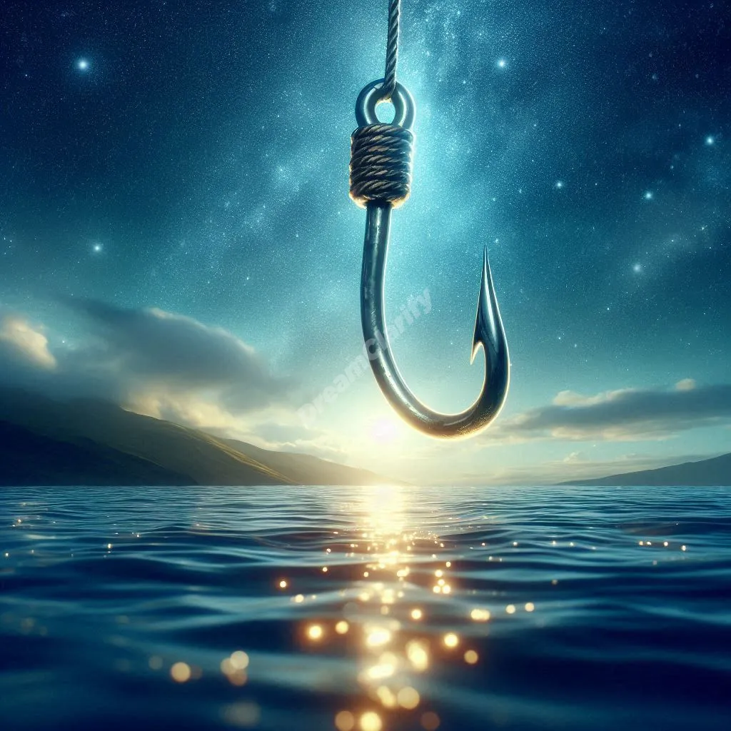 Dream interpretation: Mystical gaff hook symbolizing spiritual guidance and opportunity over peaceful waters