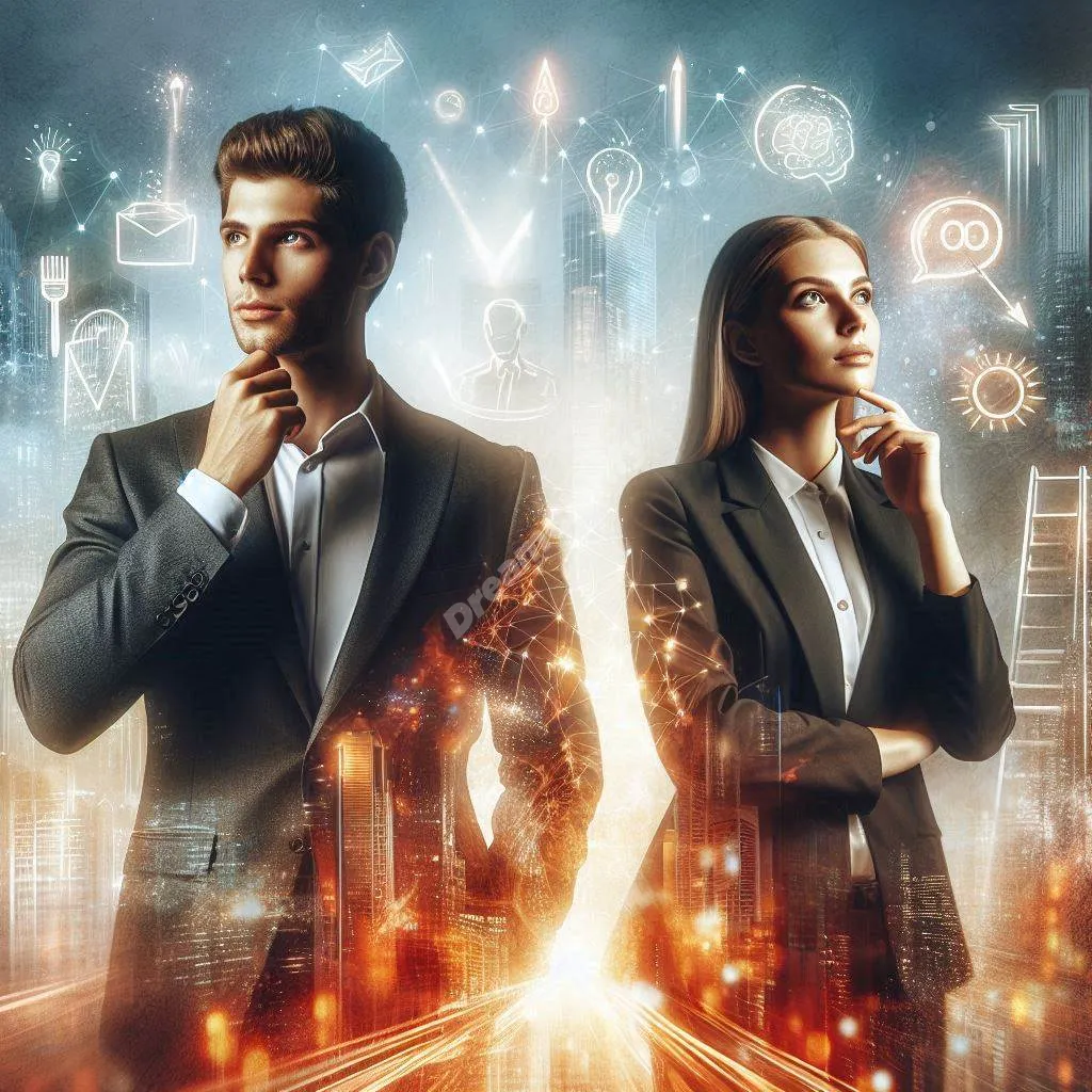 Professionals in a dreamlike setting reflecting on career symbols – meanings and signs of occupation dreams.