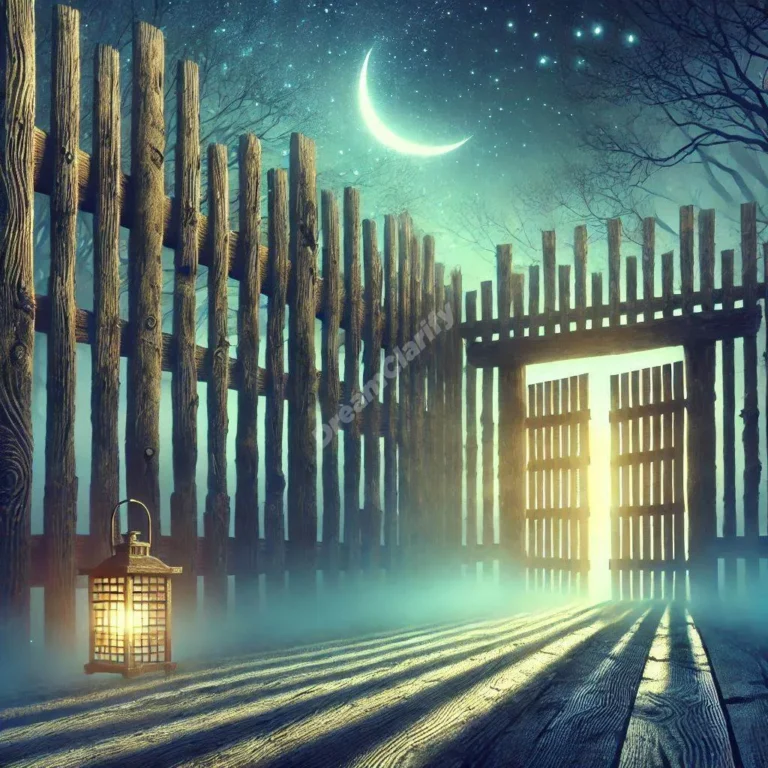 Ancient dream palisade with moonlit wooden walls and mystical glowing lantern by gate