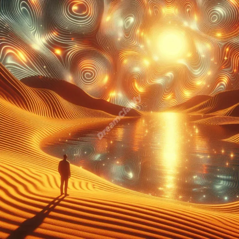 Surreal desert dreamscape showing heat waves rippling through air, figure contemplating spiritual transformation