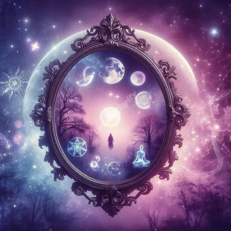 Mystical floating mirror reflects multiple dreamlike scenes, symbolizing subconscious revelations and spiritual insights.