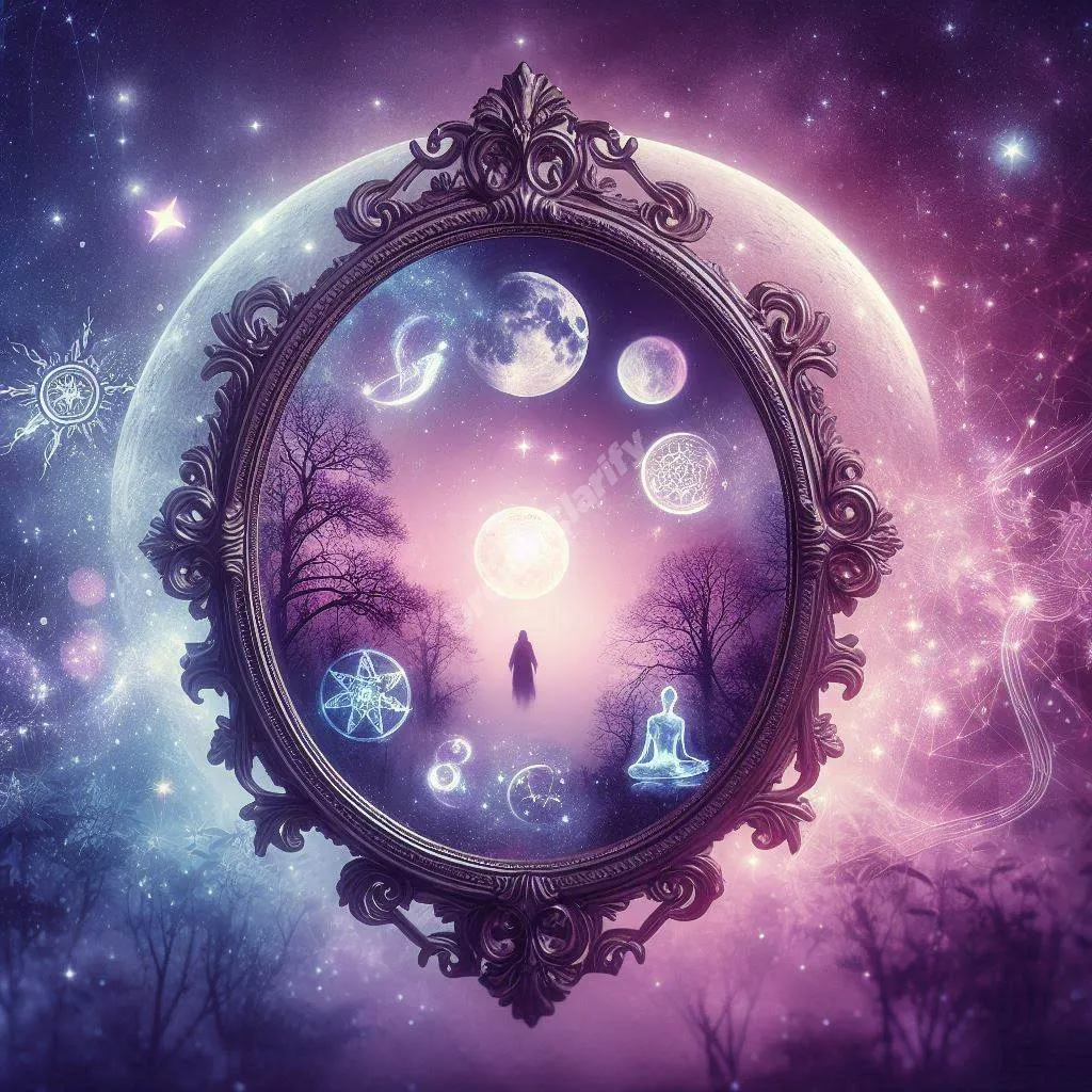 Mystical floating mirror reflects multiple dreamlike scenes, symbolizing subconscious revelations and spiritual insights.