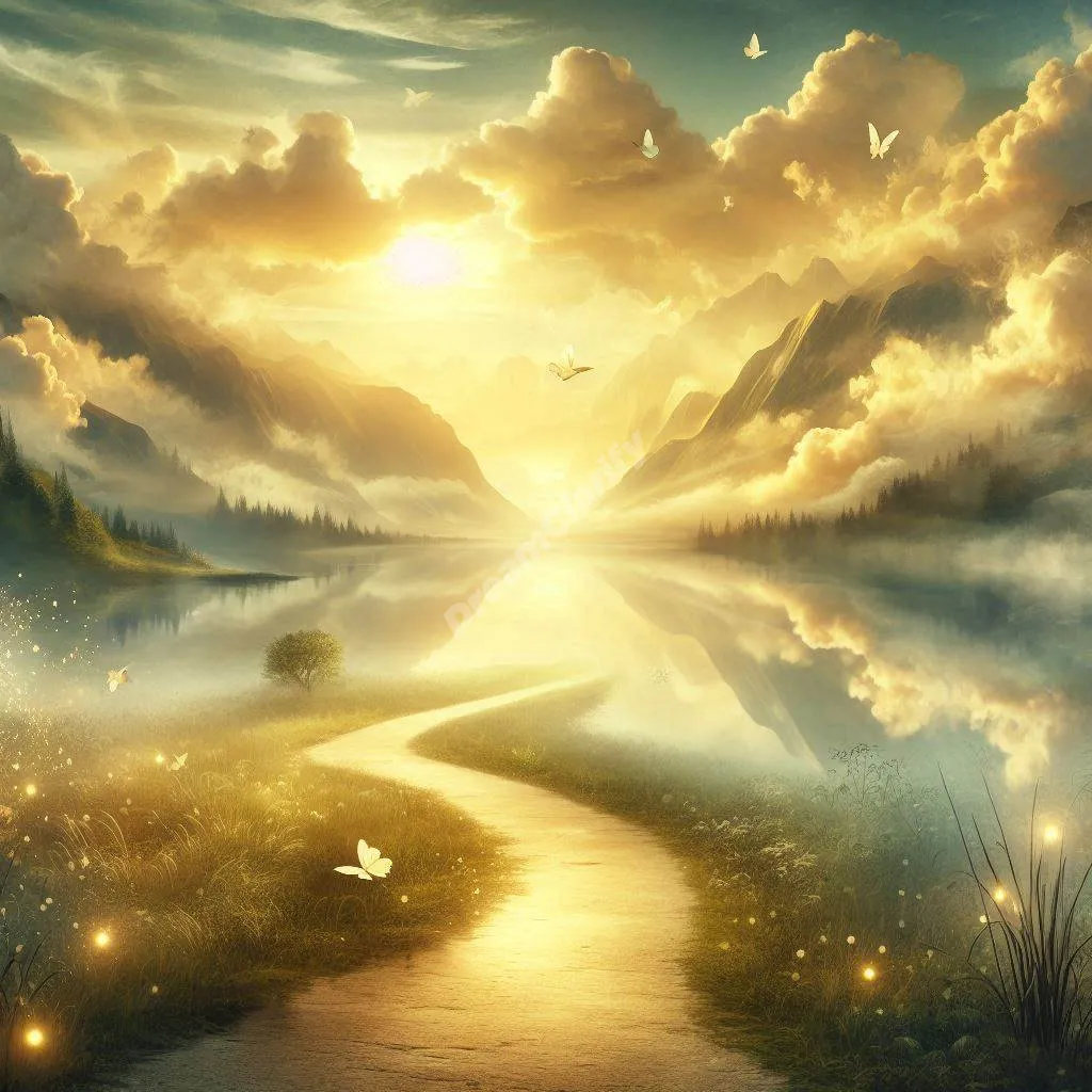 Peaceful paradise dream landscape with mystical path, serene lake, and ethereal mountain vista