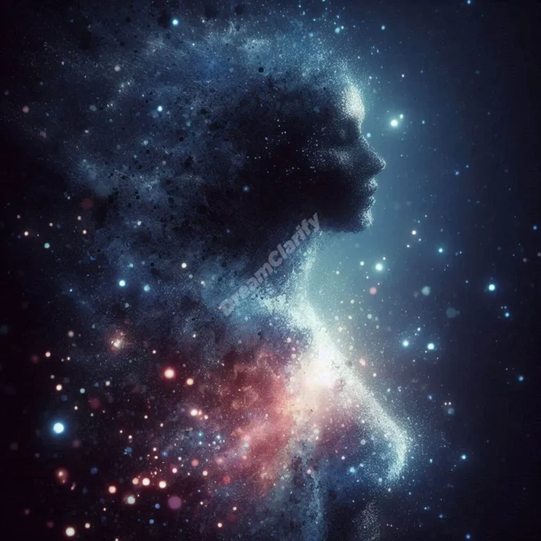 Spiritual transformation depicted through human figure dissolving into cosmic void during oblivion dream