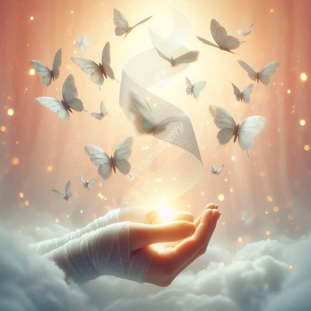 Dreamlike scene of bandages transforming into butterflies, symbolizing emotional healing and transformation [dream interpretation, healing symbols