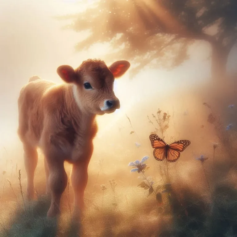 Dreamy calf in misty meadow symbolizes innocence and new beginnings in dream interpretation.