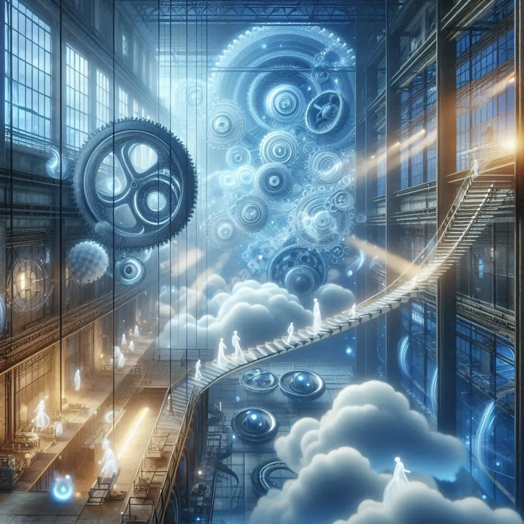 Dreamy factory scene with floating gears and ethereal workers symbolizing industrial dream interpretation