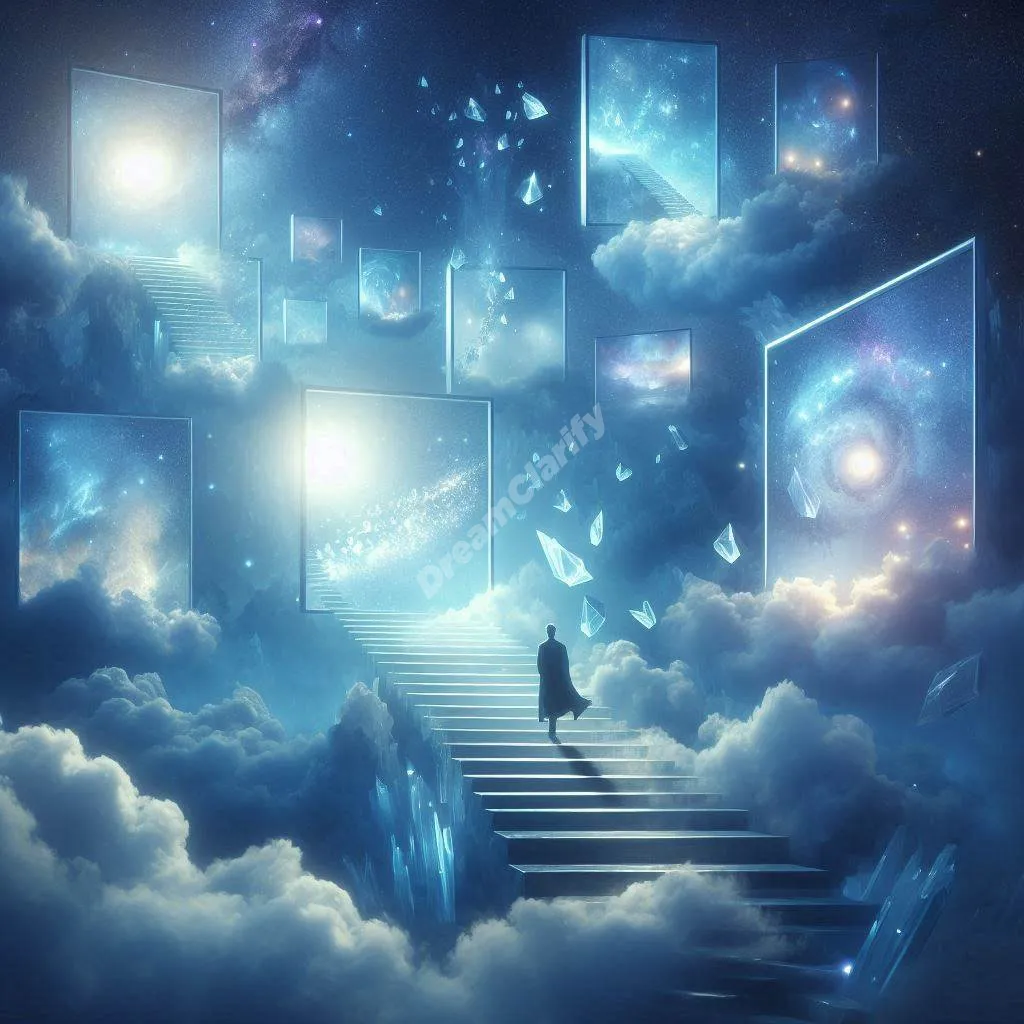 Mystical dream observer watching floating dream windows from crystal stairs, spiritual dream interpretation concept