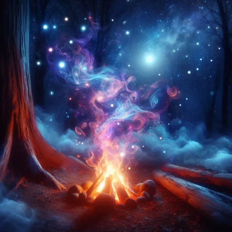 Mystical campfire under starlit sky with floating embers, representing spiritual dream symbolism