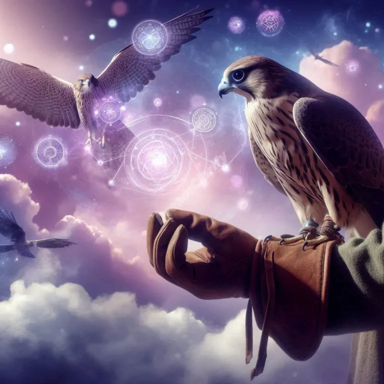 Mystical falcon and falconer illuminated in dreamy purple landscape, symbolizing spiritual guidance and wisdom.