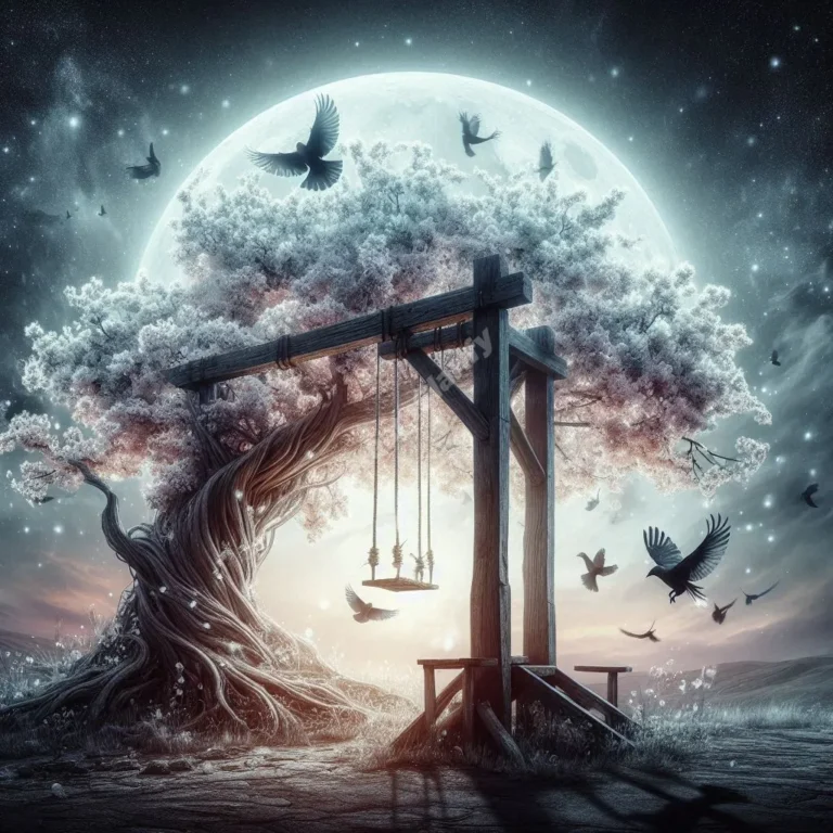 Transformative gallows dream symbolism: wooden structure blooming with new life under moonlight