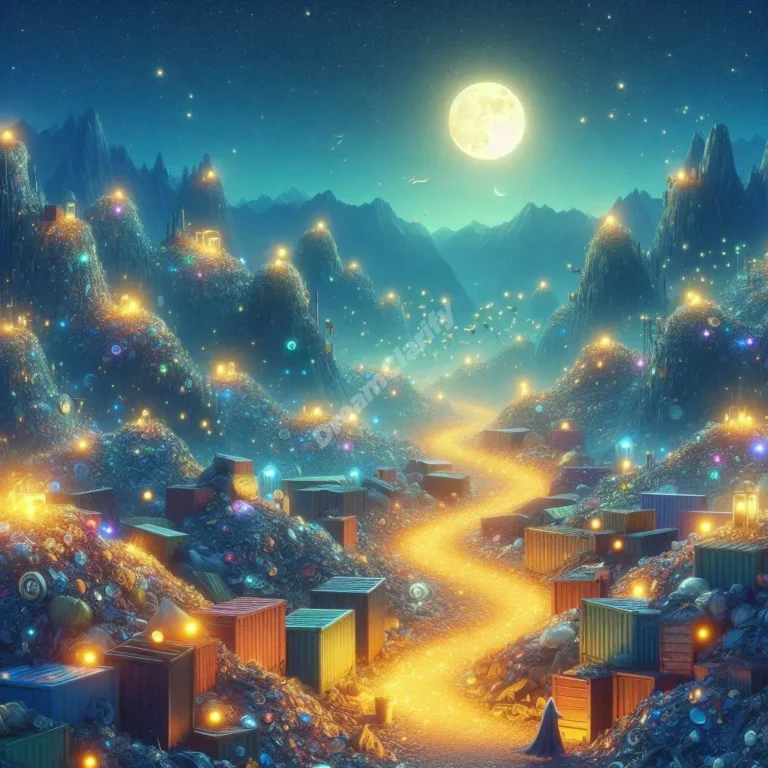 Mystical landfill dreamscape with glowing treasures and winding path, symbolizing transformation and discovery.