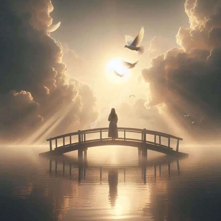 Person on misty bridge at sunrise with doves flying overhead, symbolizing forgiveness and new beginnings.