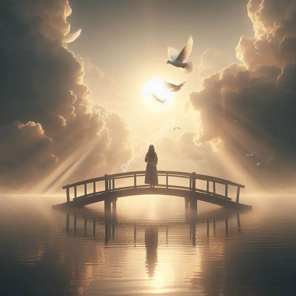 Person on misty bridge at sunrise with doves flying overhead, symbolizing forgiveness and new beginnings.