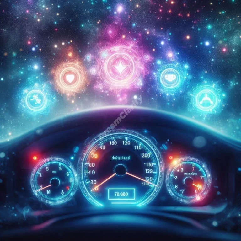 Mystical car dashboard dream interpretation guide showing glowing spiritual symbols and warning lights.