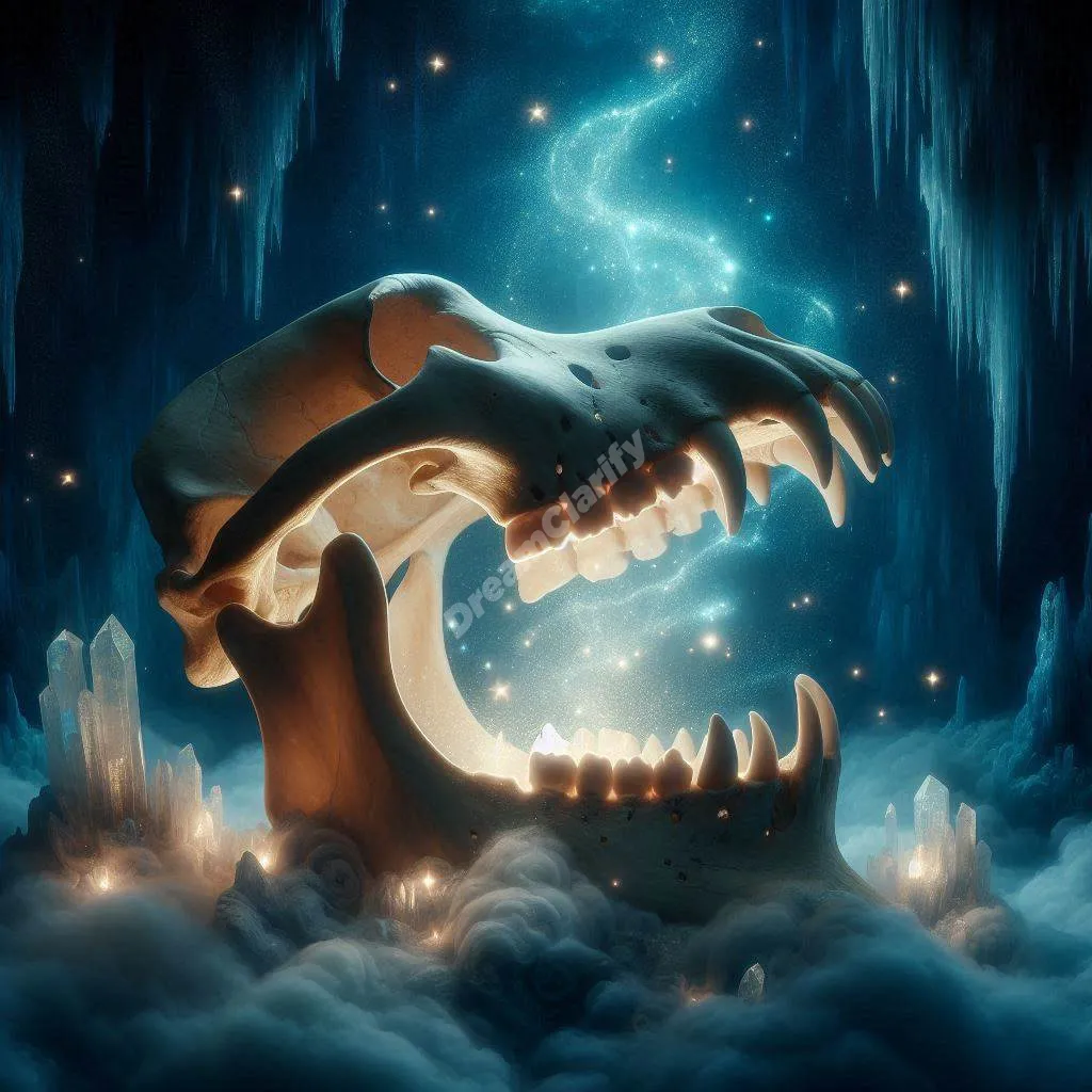 Ancient glowing jawbone floating in mystical cave, surrounded by ethereal mist and crystals.